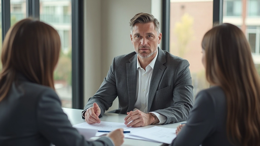 Финансовый консультант рассказывает клиентам о портфелях инвестиций на встрече в офисе