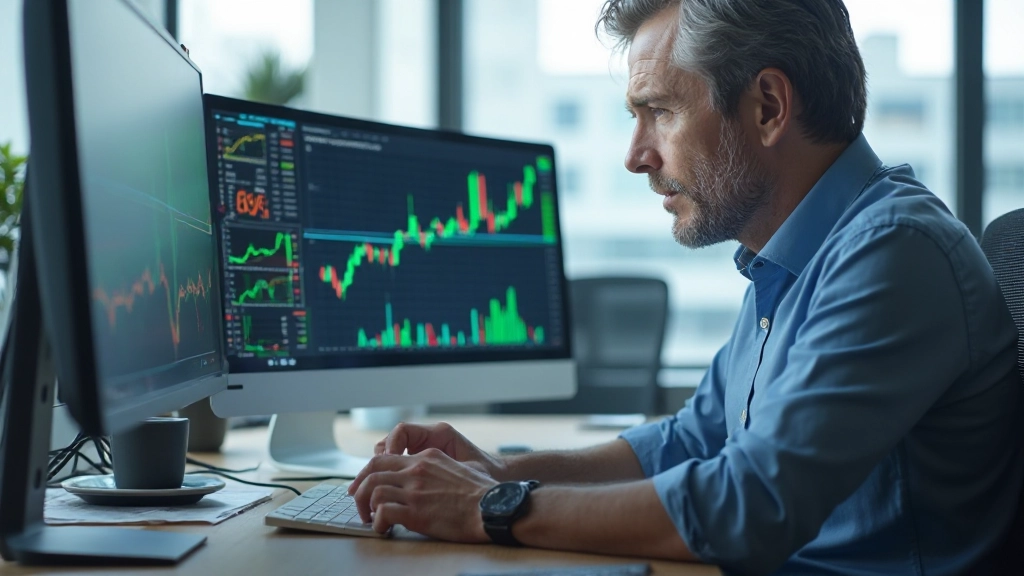 Профессиональное рабочее пространство инвестора с несколькими мониторами и графиками