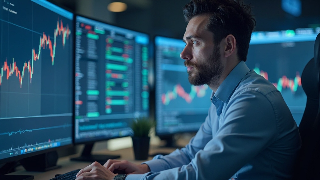 Интерьер торговой площадки с информационными панелями и графиками котировок